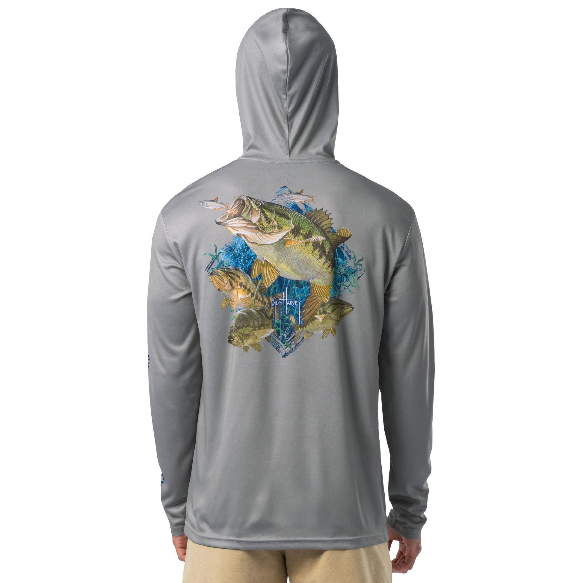 Back view of model wearing light gray Guy Harvey Men’s Bass Diamond Sun Protection Hoodie with detailed fish art.