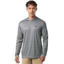 Front view of light gray Guy Harvey Men’s Bass Diamond Sun Protection Hoodie with blue logo on chest.