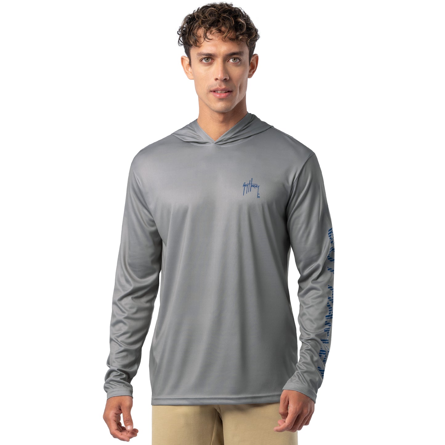 Front view of light gray Guy Harvey Men’s Bass Diamond Sun Protection Hoodie with blue logo on chest.