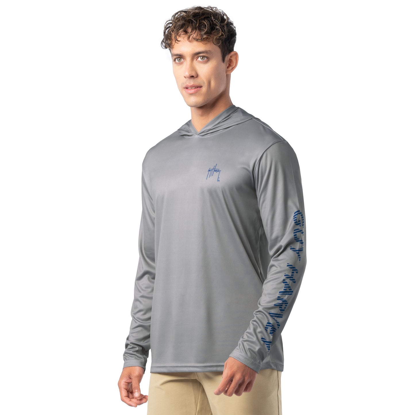 Side angle of light gray Guy Harvey Men’s Bass Diamond Hoodie showing blue sleeve logo.