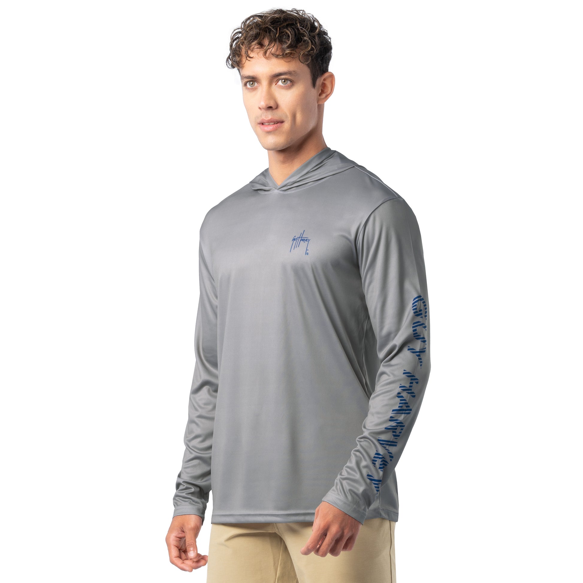 Side angle of light gray Guy Harvey Men’s Bass Diamond Hoodie showing blue sleeve logo.