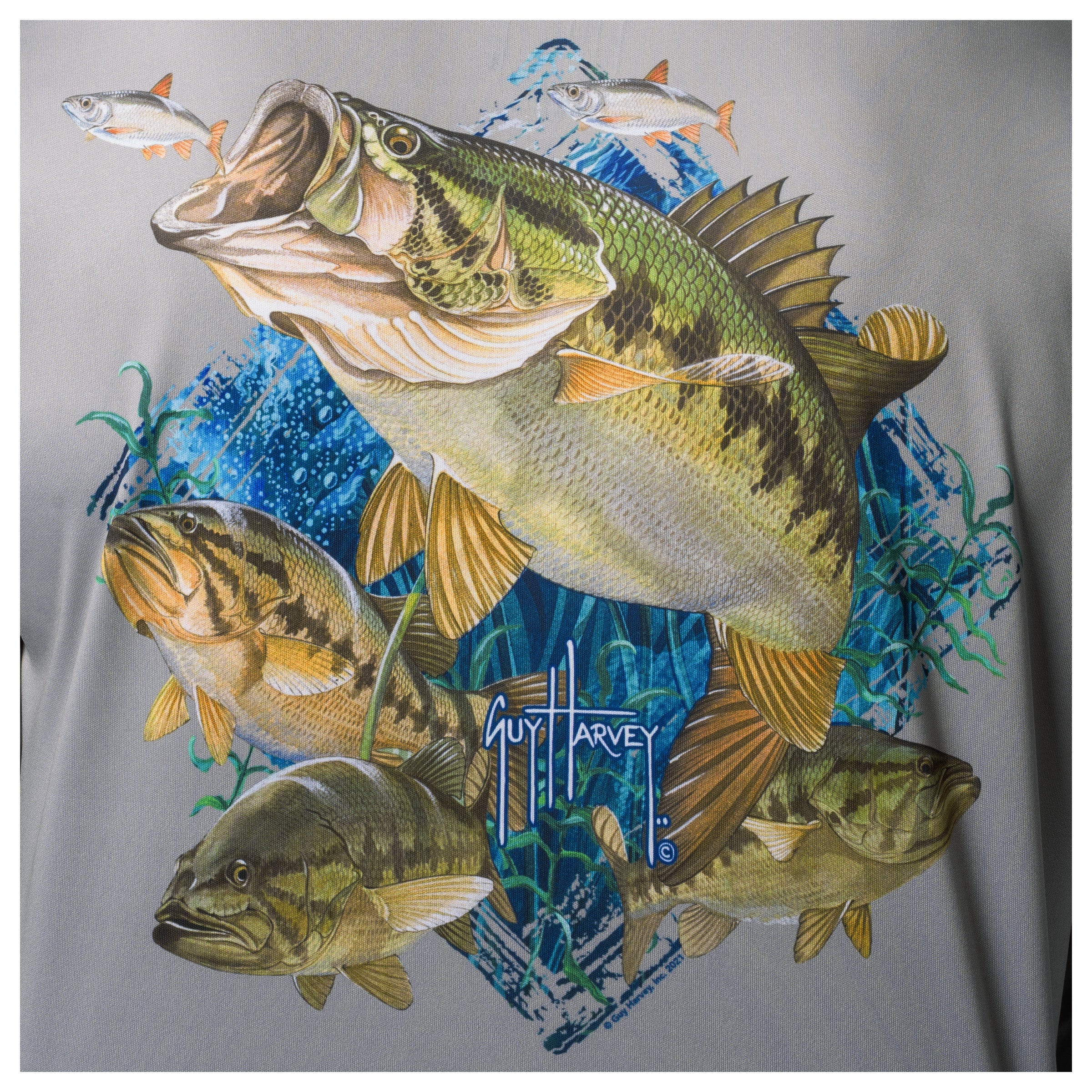 Close-up of Guy Harvey “Bass Diamond” artwork featuring freshwater bass illustration on light gray fabric.