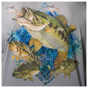 Close-up of Guy Harvey “Bass Diamond” artwork featuring freshwater bass illustration on light gray fabric.
