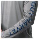 Detail of blue Guy Harvey sleeve print on light gray Bass Diamond Sun Protection Hoodie.