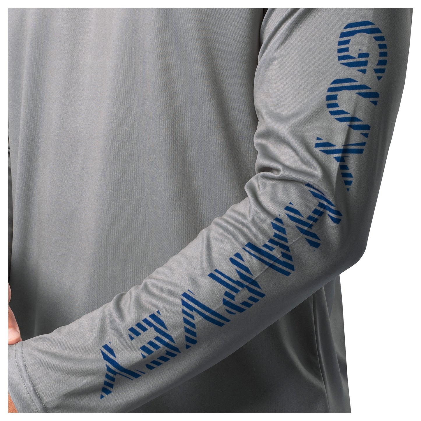 Detail of blue Guy Harvey sleeve print on light gray Bass Diamond Sun Protection Hoodie.