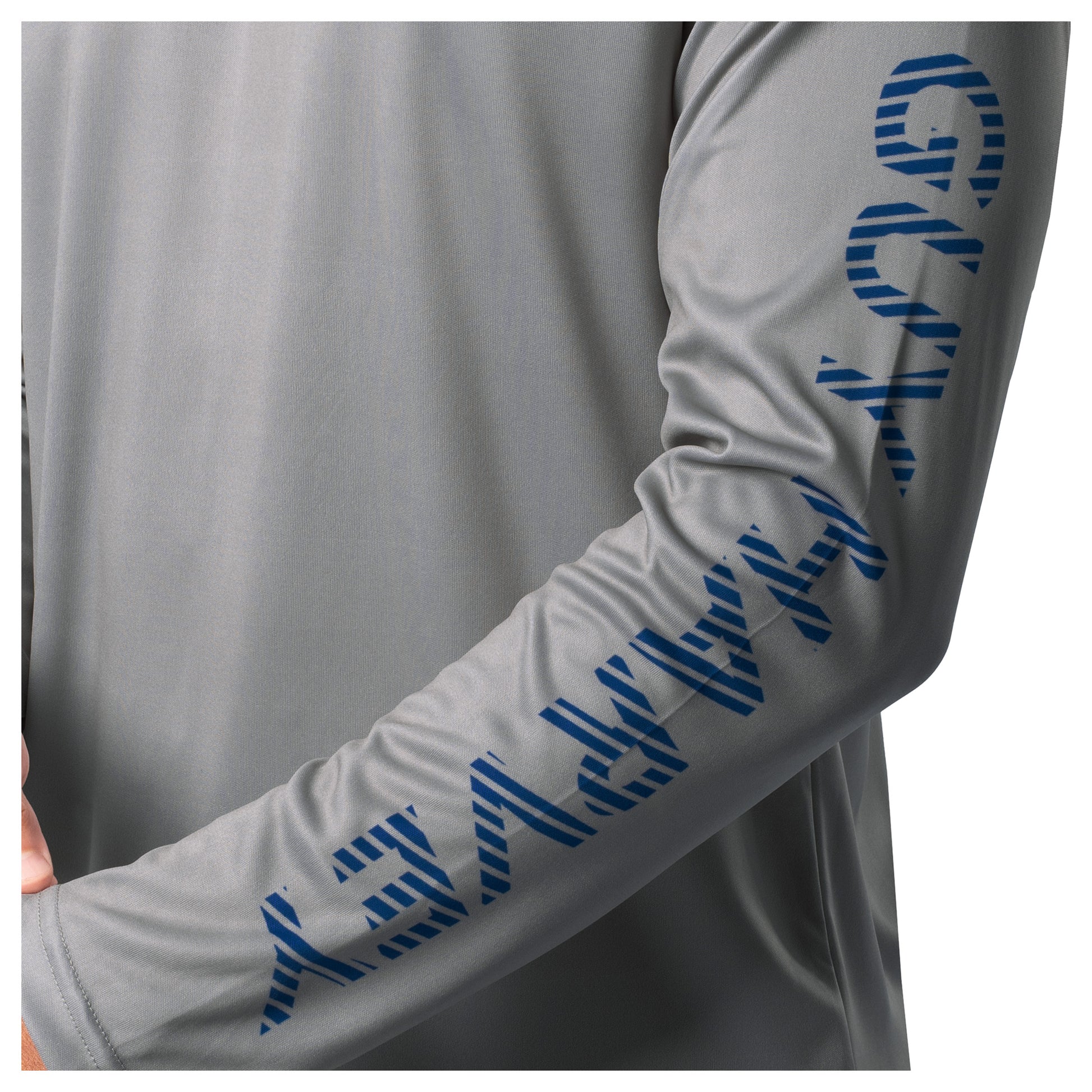 Detail of blue Guy Harvey sleeve print on light gray Bass Diamond Sun Protection Hoodie.