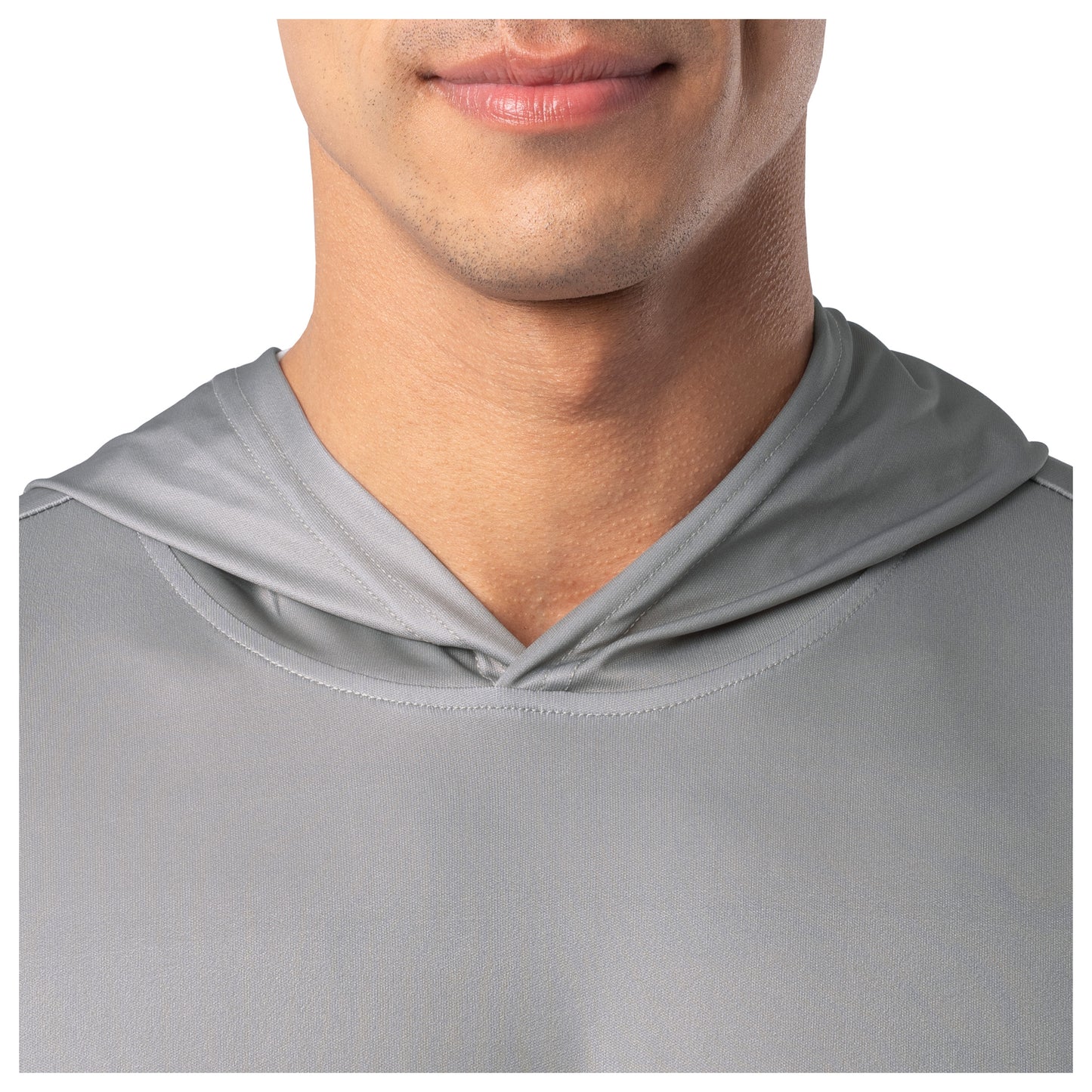 Close-up of neckline and hood stitching on light gray Guy Harvey Men’s Bass Diamond Hoodie.