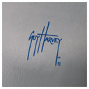 Close-up of blue Guy Harvey logo printed on left chest of light gray Men’s Bass Diamond Hoodie.