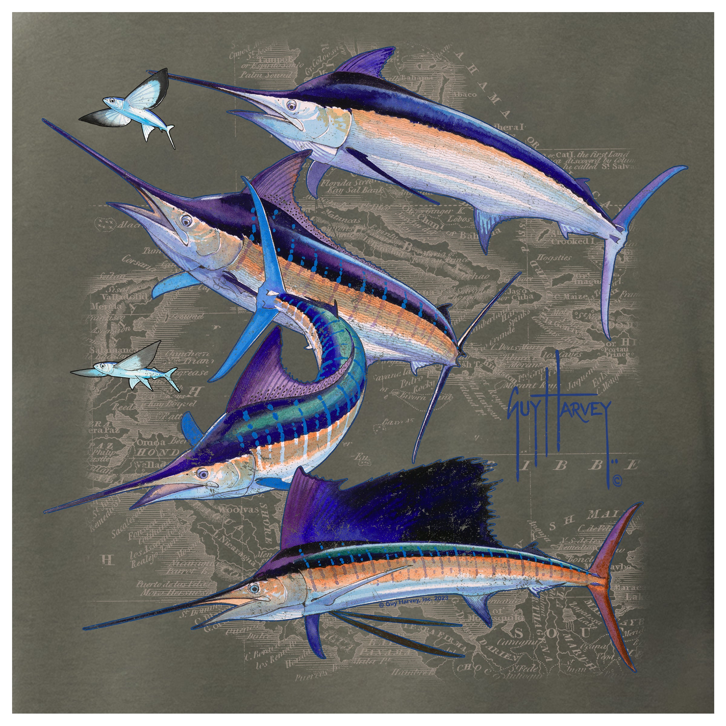 Artistic depiction of marlin fish with a signature on a textured background