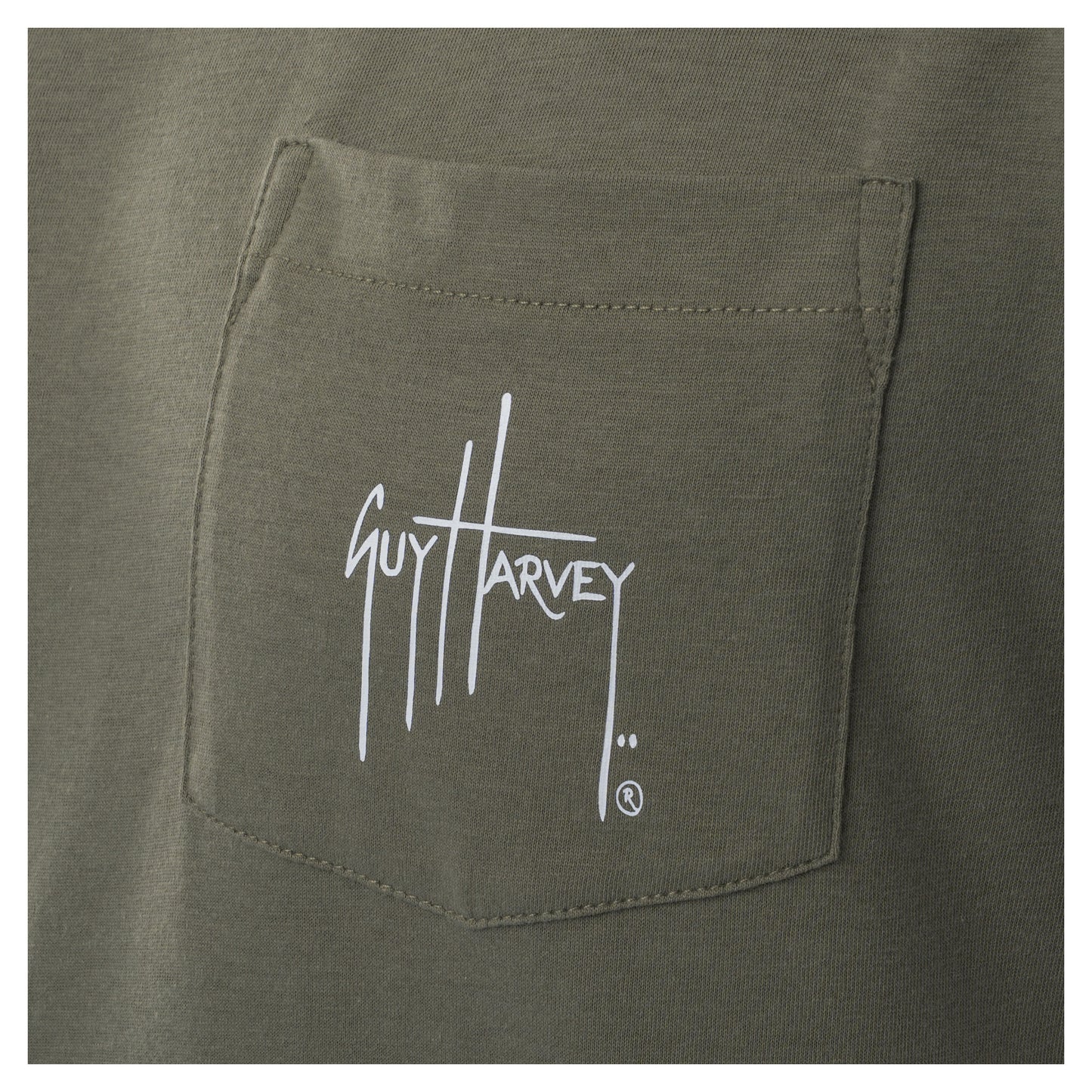 Green pocket with Guy Harvey logo on a white background