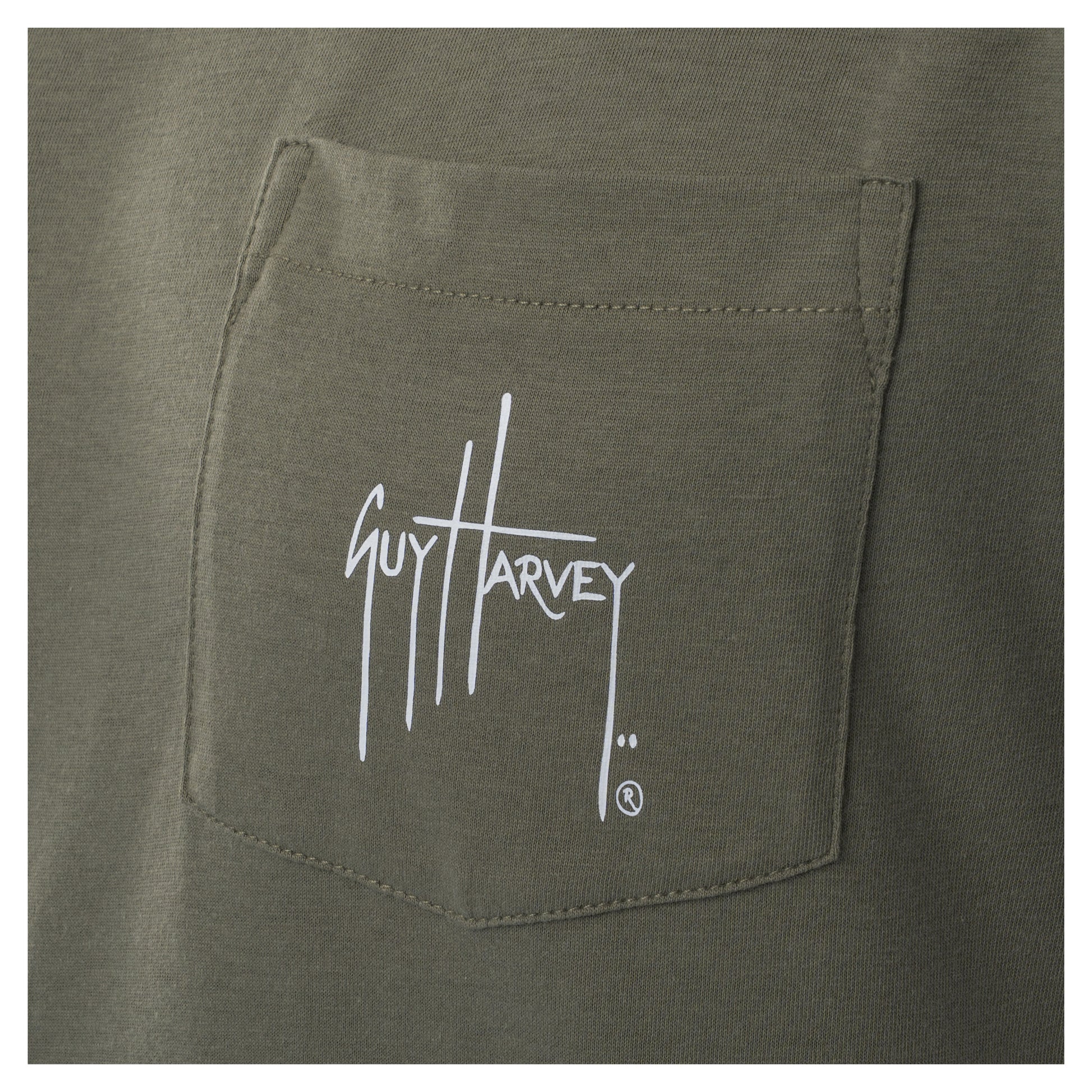 Green pocket with Guy Harvey logo on a white background