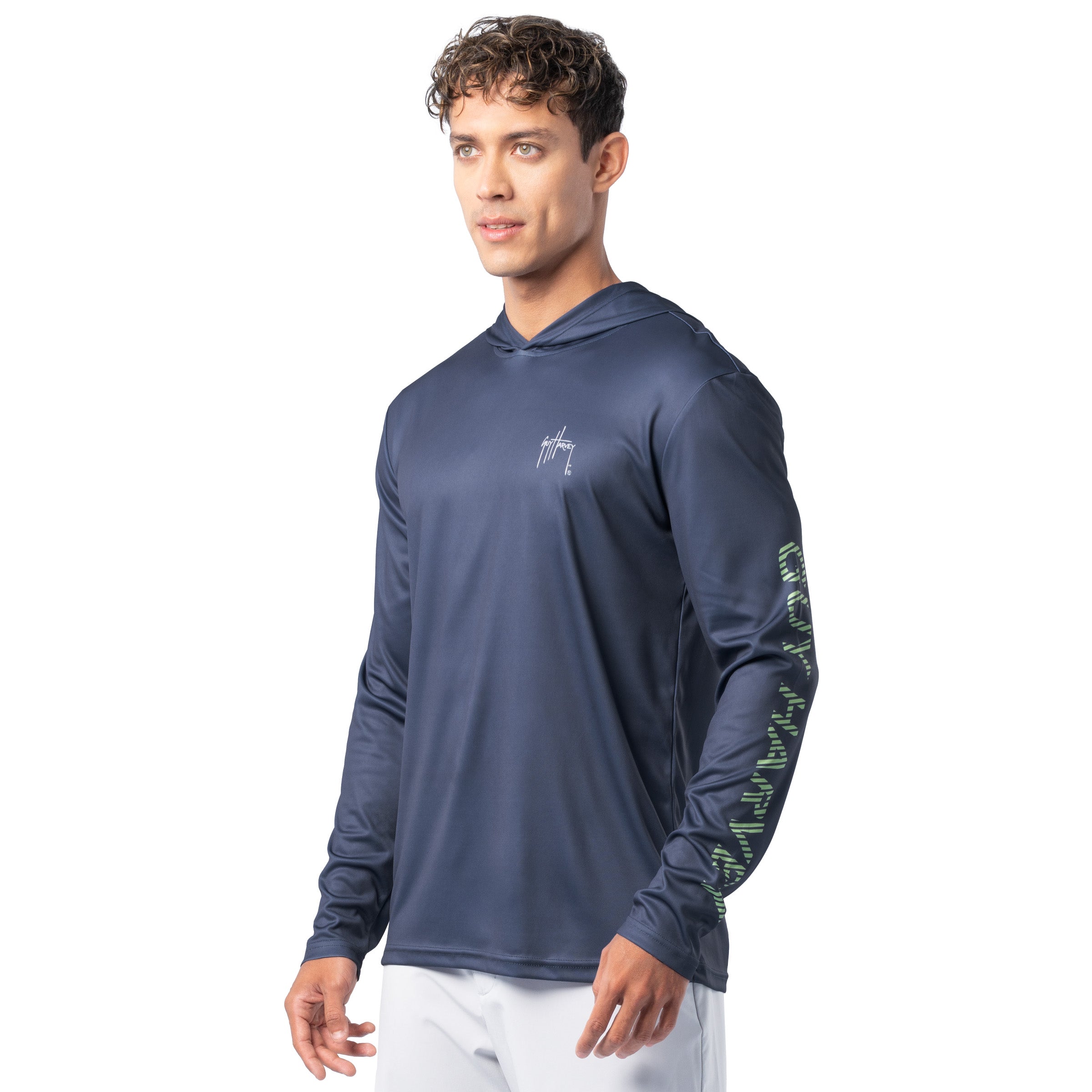Side view of navy blue Guy Harvey Billfish Slam Hoodie showing green sleeve logo and relaxed performance fit.