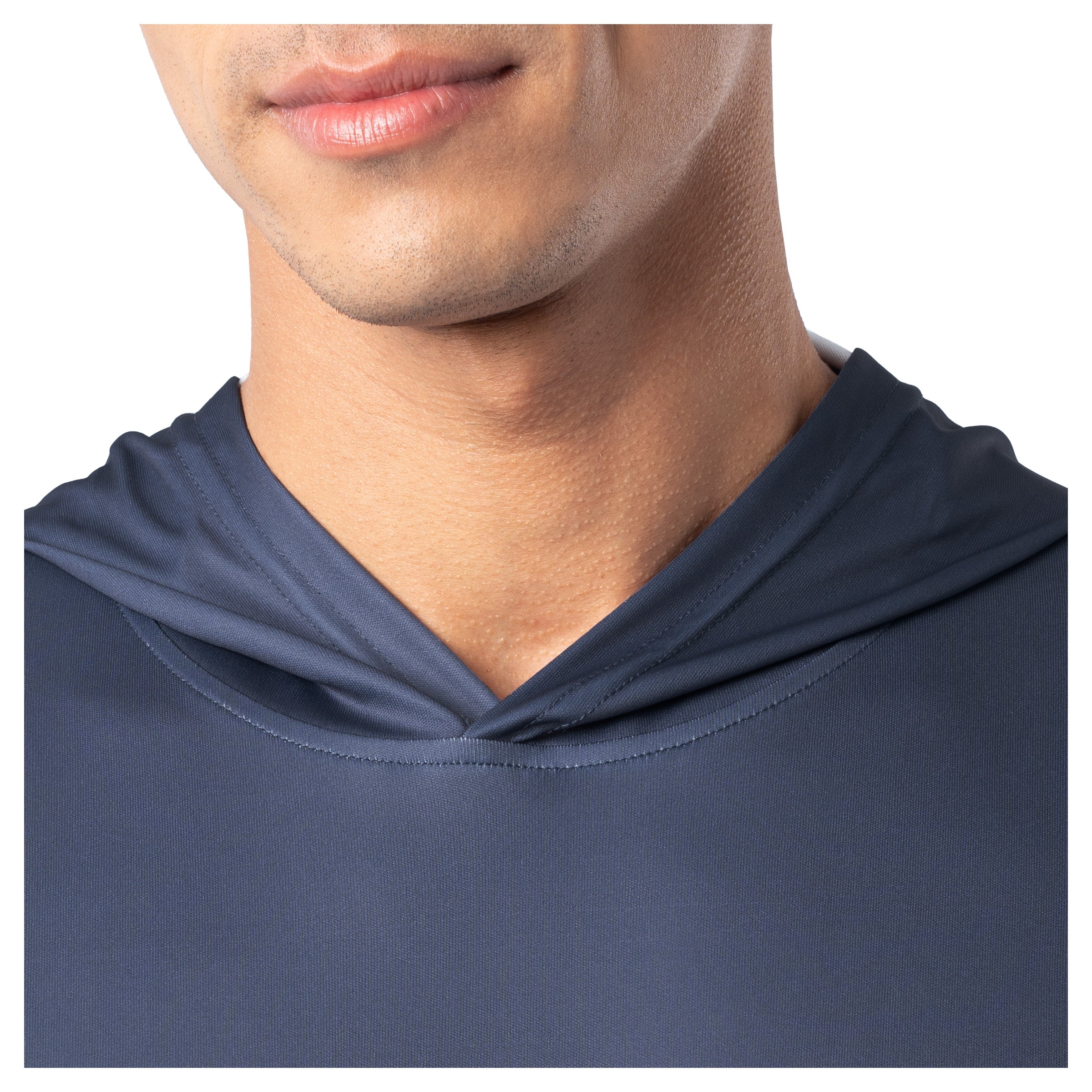 Close-up of neckline and hood stitching on navy blue Guy Harvey Men’s Billfish Slam Hoodie.