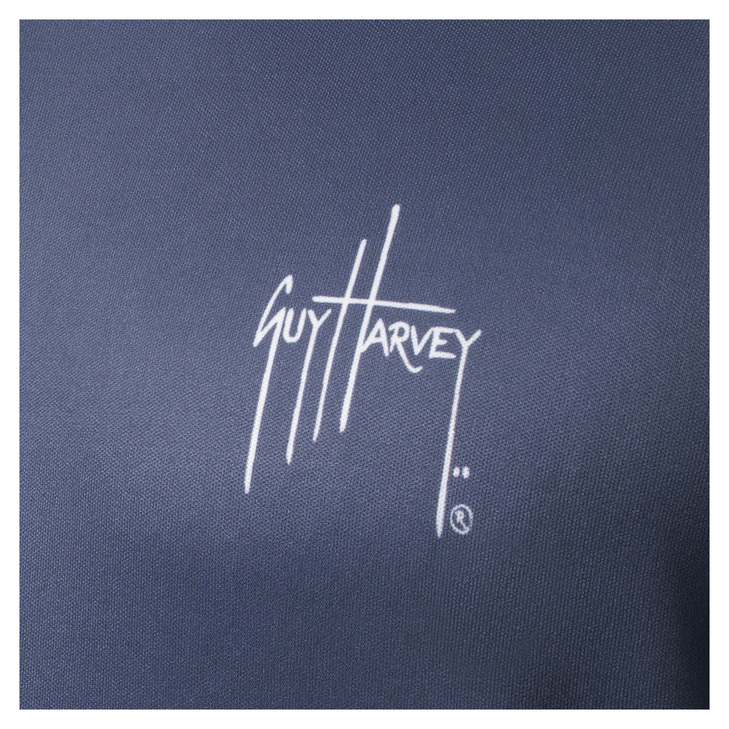 White Guy Harvey signature logo printed on left chest of navy blue Men’s Billfish Slam Hoodie.