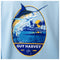 Close-up of the marlin and palm tree artwork printed on the back of a light blue Guy Harvey fishing fleece hoodie.