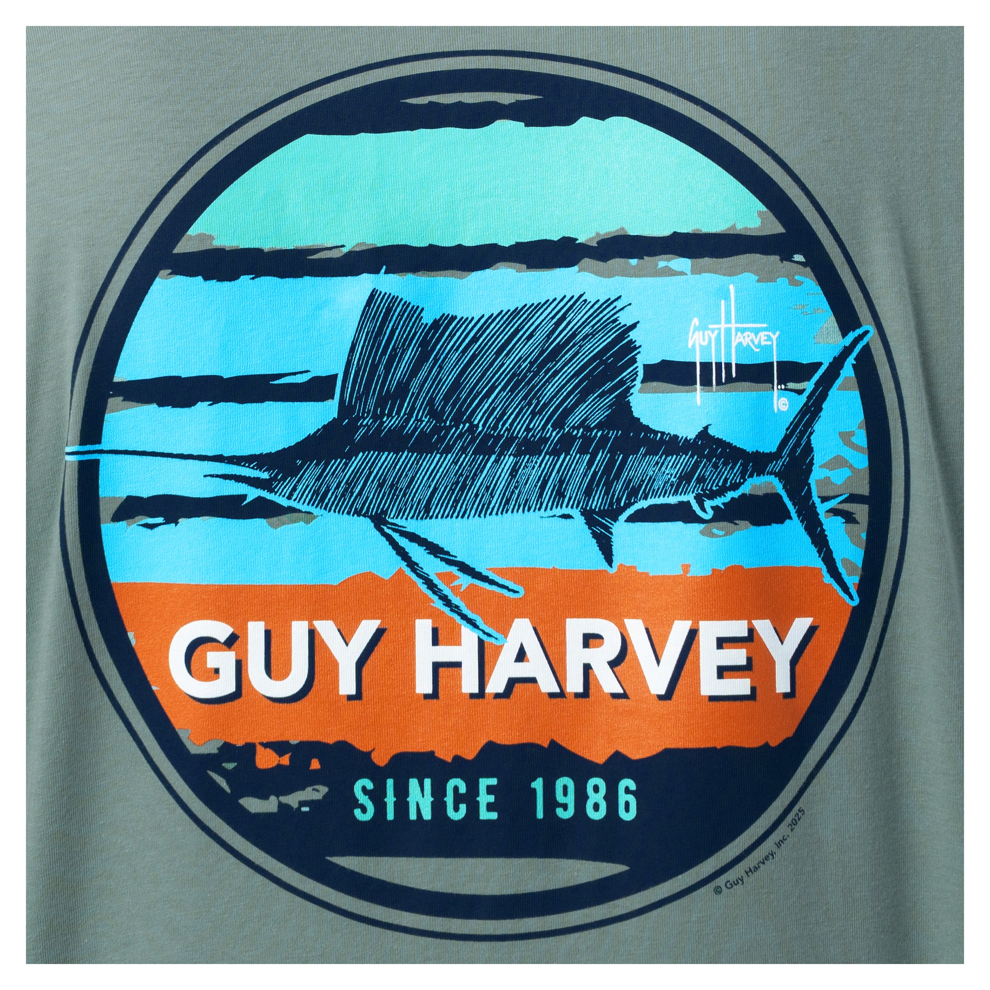 T-shirt with Guy Harvey sailfish design and 'SINCE 1986' text on a gray background