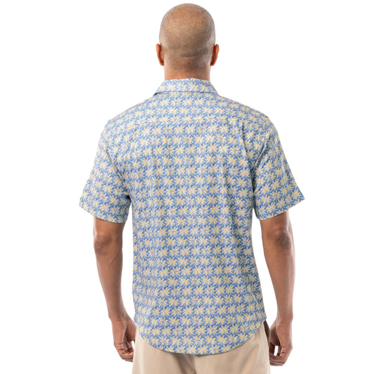 Back view of blue and sand Guy Harvey Men’s Dot Palm Printed Resort Shirt showing all-over palm pattern.