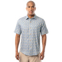 Front view of blue and sand Guy Harvey Men’s Dot Palm Printed Resort Shirt with button front and relaxed fit.