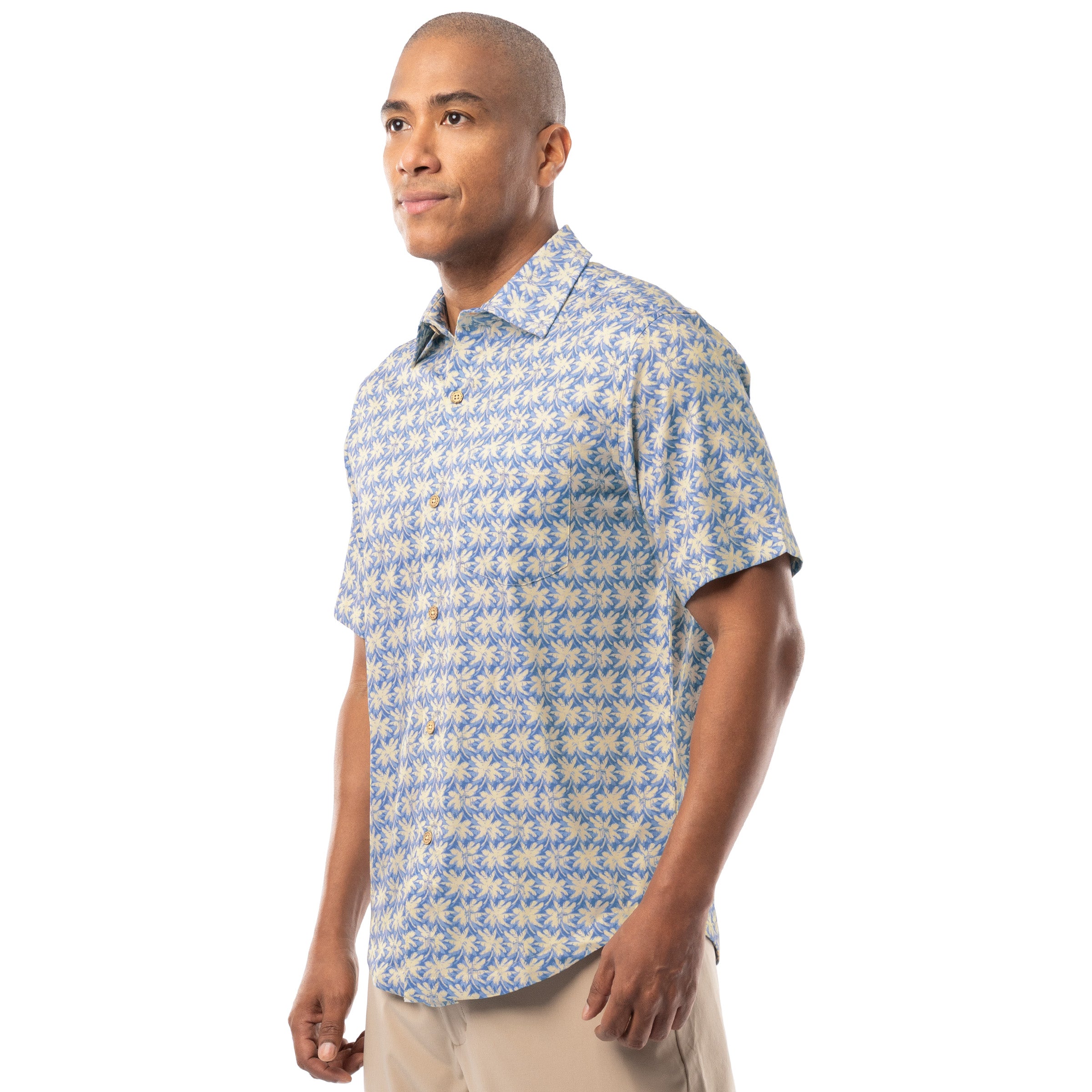 Side angle of blue and sand Guy Harvey Men’s Dot Palm Printed Resort Shirt highlighting soft drape and casual fit.