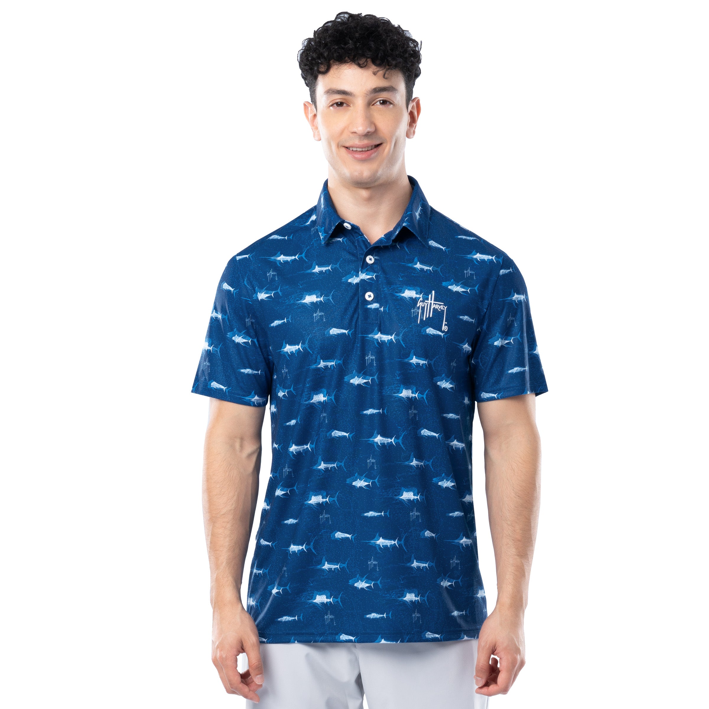 Front view of ocean blue Guy Harvey Men’s Double Vision Printed Performance Polo Shirt with marlin print.
