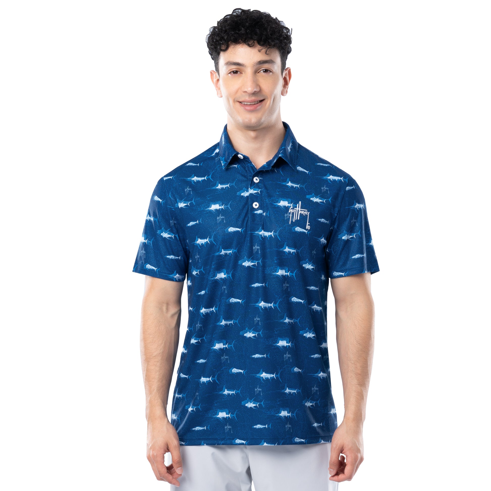 Front view of ocean blue Guy Harvey Men’s Double Vision Printed Performance Polo Shirt with marlin print.