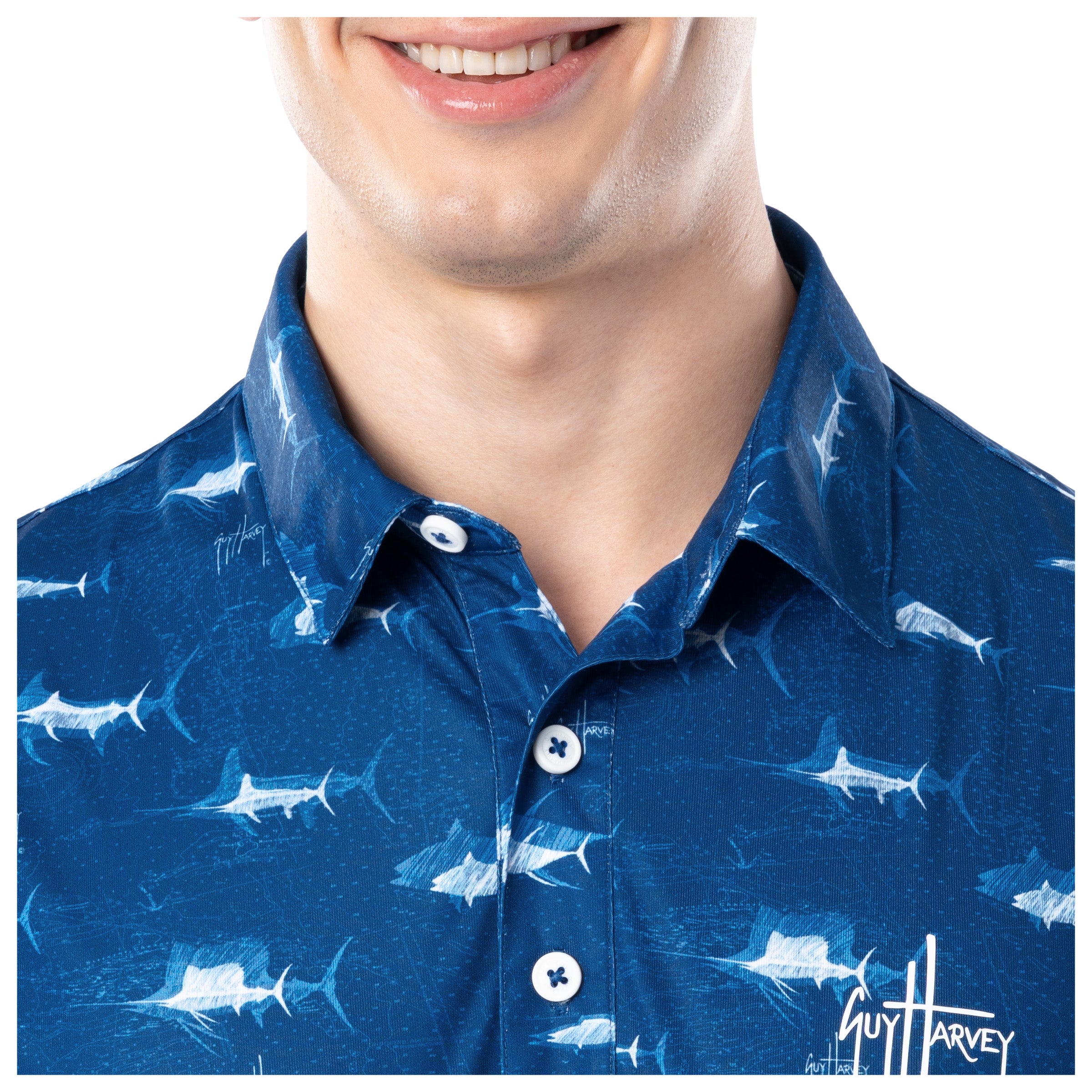 Close-up of collar and button placket on ocean blue Guy Harvey Men’s Double Vision Performance Polo.
