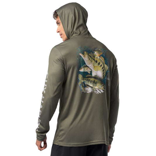 Model wearing olive green Guy Harvey Men’s Freshwater Fantasy Sun Protection Hoodie showing detailed freshwater fish artwork on back.