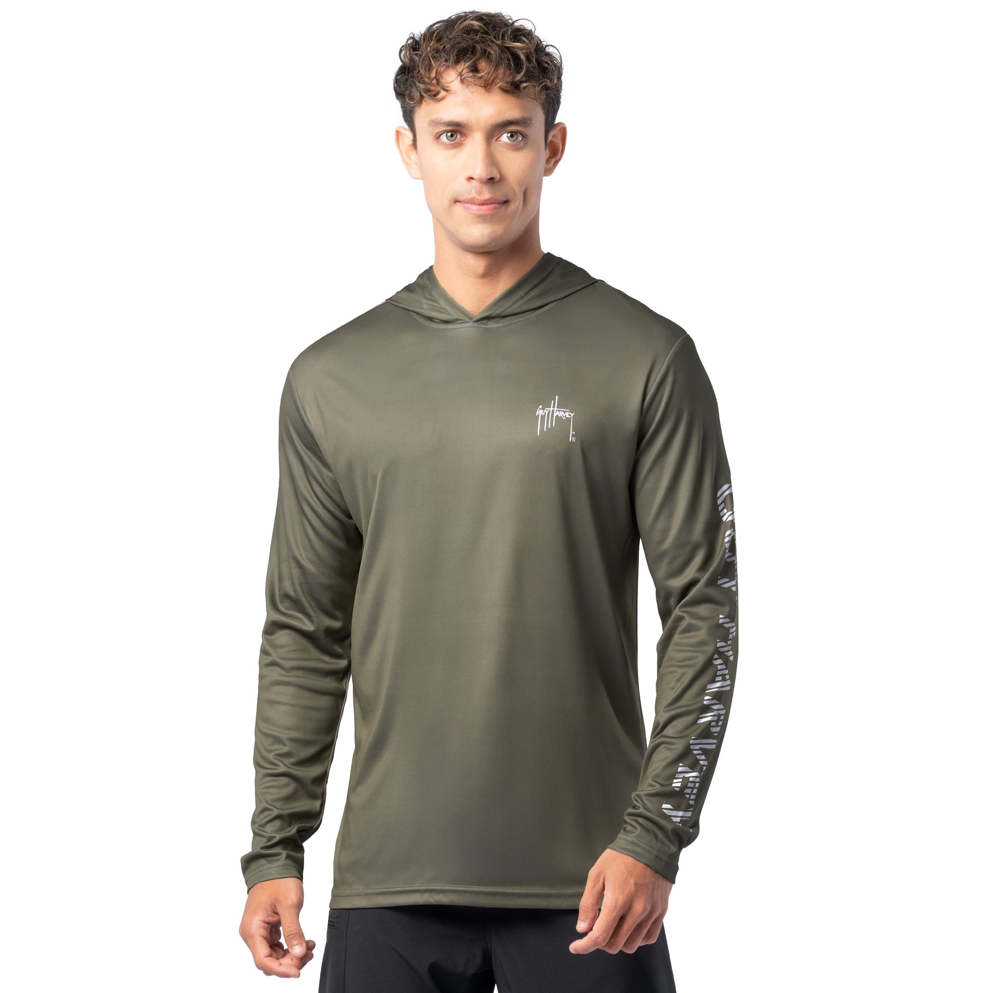 Front view of olive green Guy Harvey Men’s Freshwater Fantasy Sun Protection Hoodie with white logo on chest.