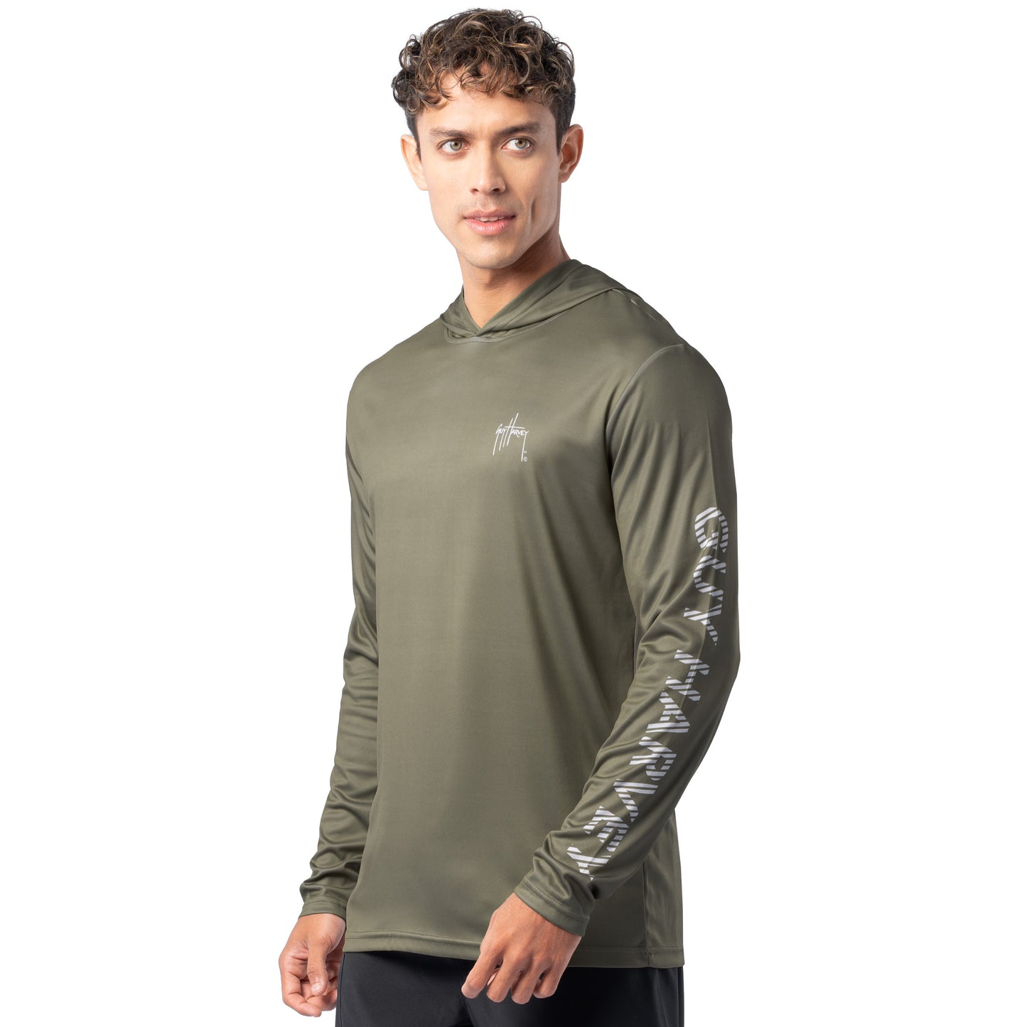 Side angle of olive green Guy Harvey Men’s Freshwater Fantasy Hoodie highlighting sleeve logo and performance fit.