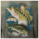 Close-up of Guy Harvey “Freshwater Fantasy” artwork featuring detailed freshwater gamefish illustration on olive green fabric.