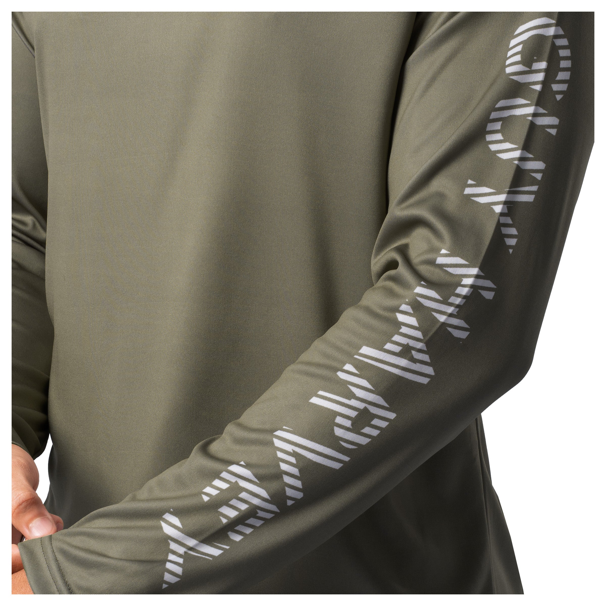 Detail of white Guy Harvey logo printed on sleeve of olive green Men’s Freshwater Fantasy Sun Protection Hoodie.