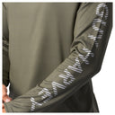 Detail of white Guy Harvey logo printed on sleeve of olive green Men’s Freshwater Fantasy Sun Protection Hoodie.
