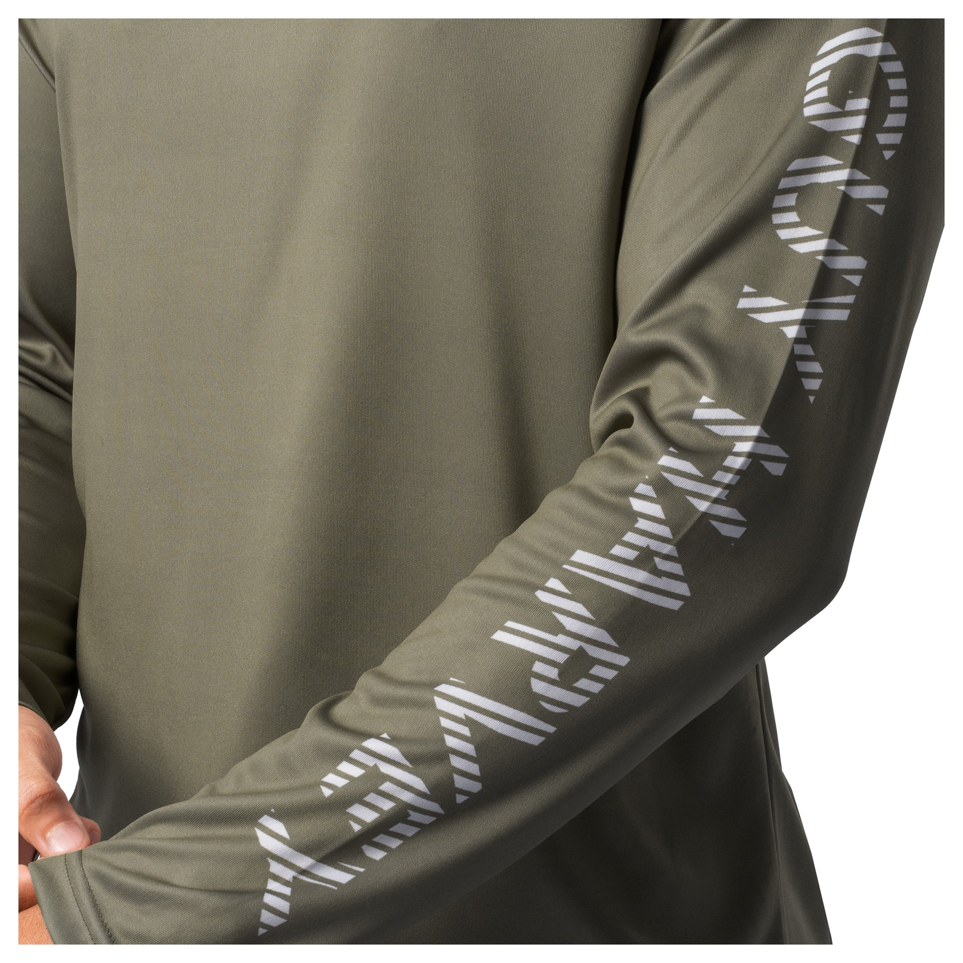 Detail of white Guy Harvey logo printed on sleeve of olive green Men’s Freshwater Fantasy Sun Protection Hoodie.