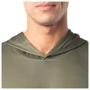 Close-up of neckline and hood stitching on olive green Guy Harvey Men’s Freshwater Fantasy Hoodie.