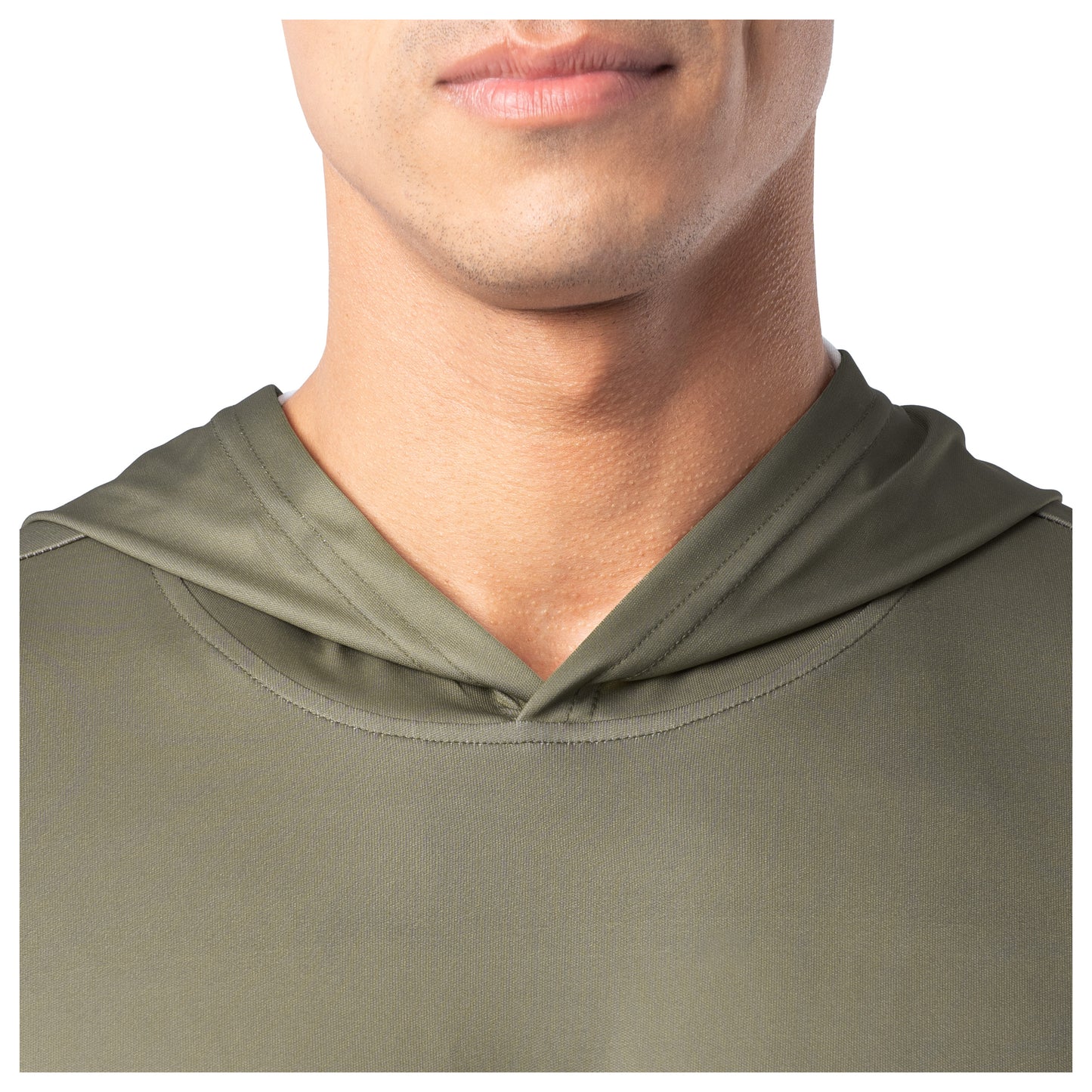 Close-up of neckline and hood stitching on olive green Guy Harvey Men’s Freshwater Fantasy Hoodie.
