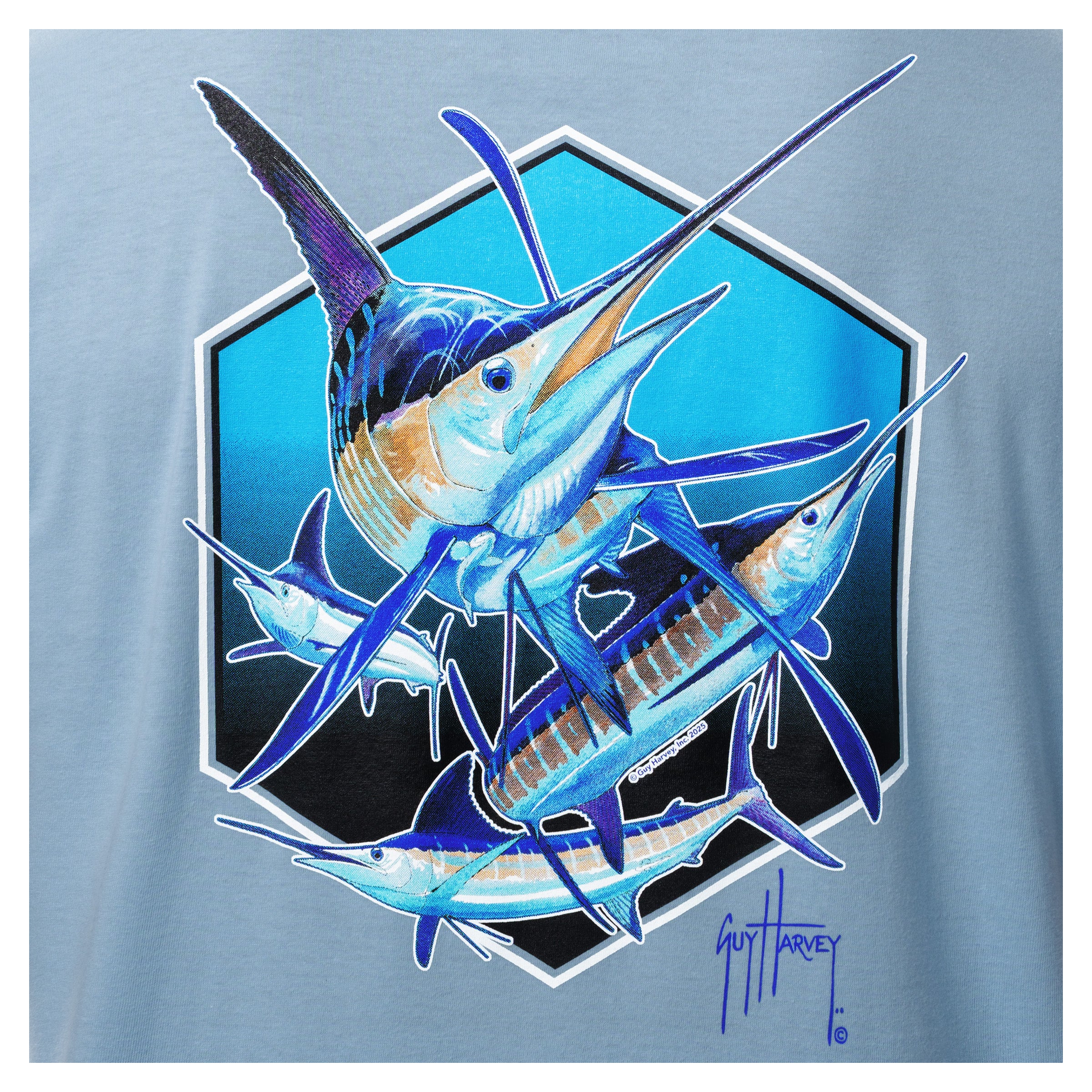 T-shirt with a graphic of marlin fish on a light blue background