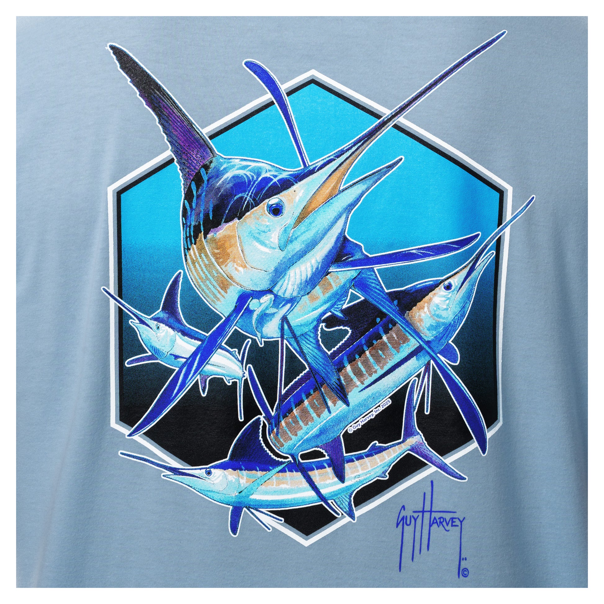 T-shirt with a graphic of marlin fish on a light blue background