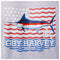 Close-up of the marlin and American flag design printed on the back of a light gray Guy Harvey fishing fleece hoodie.