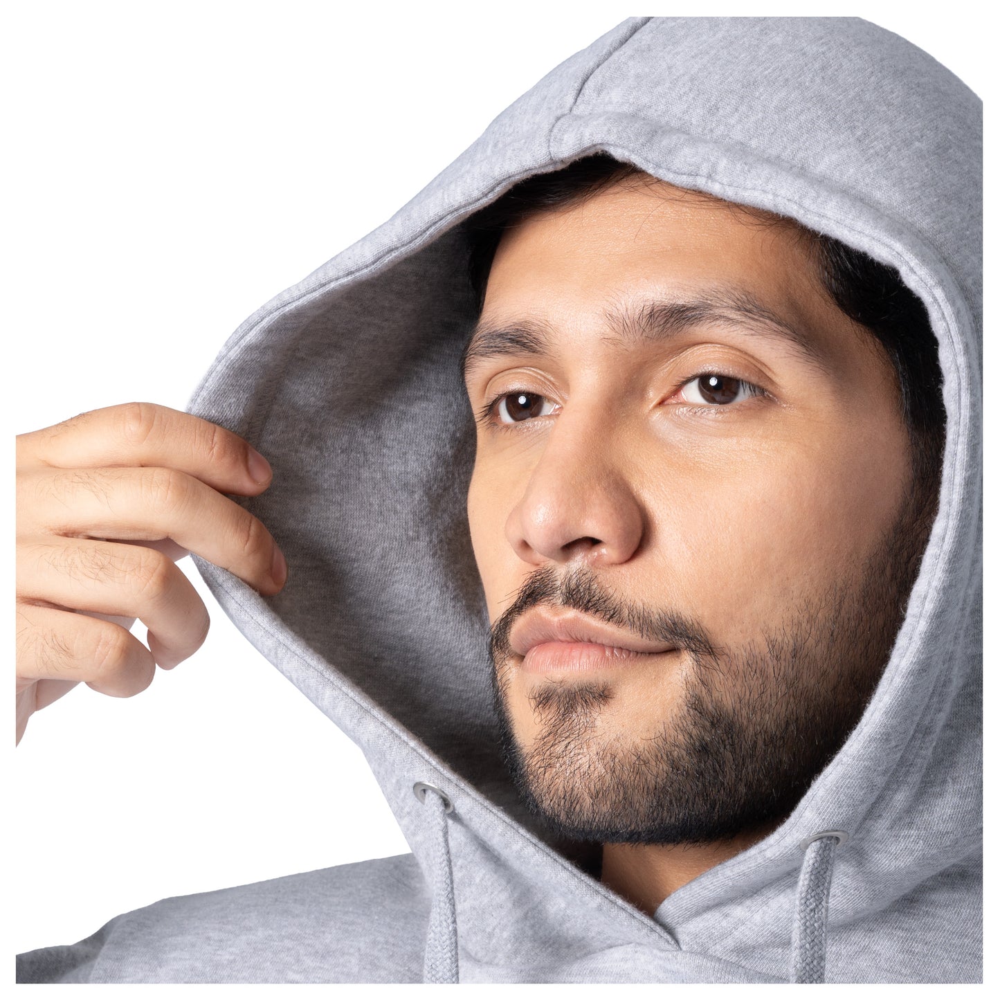 Close-up of a man wearing a light gray Guy Harvey fishing fleece hoodie with the hood up.