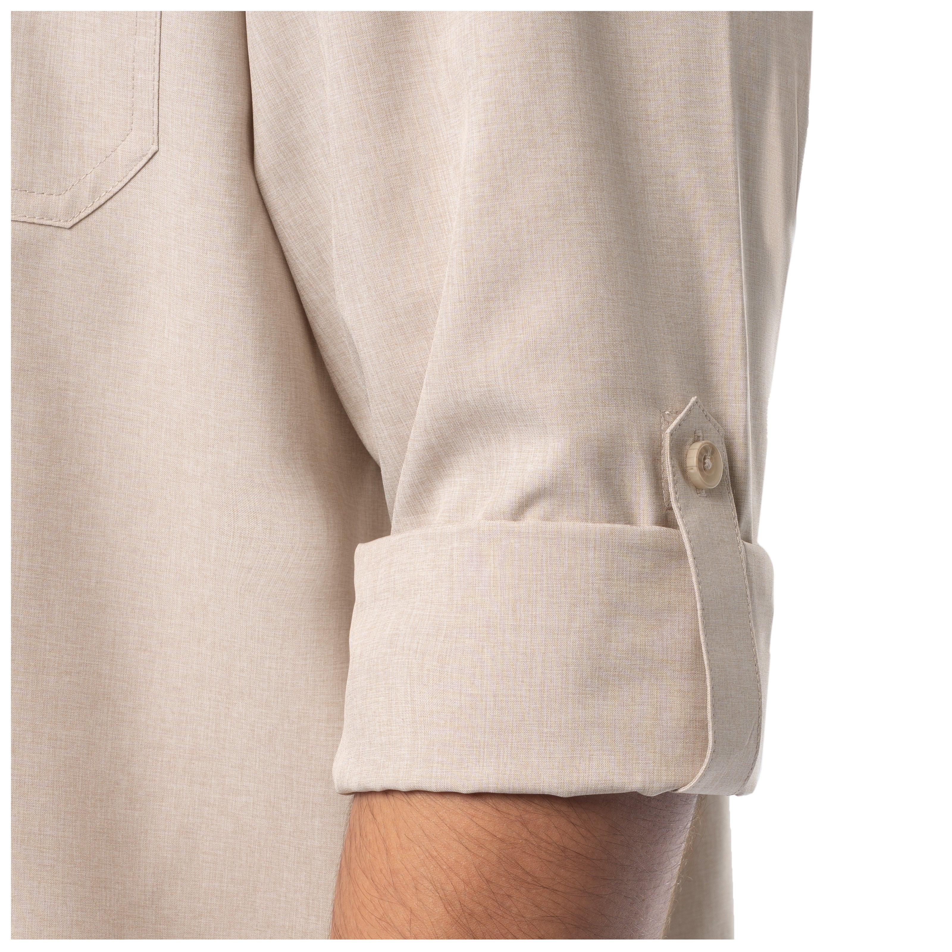 Close-up of a beige shirt with rolled-up sleeve on a white background
