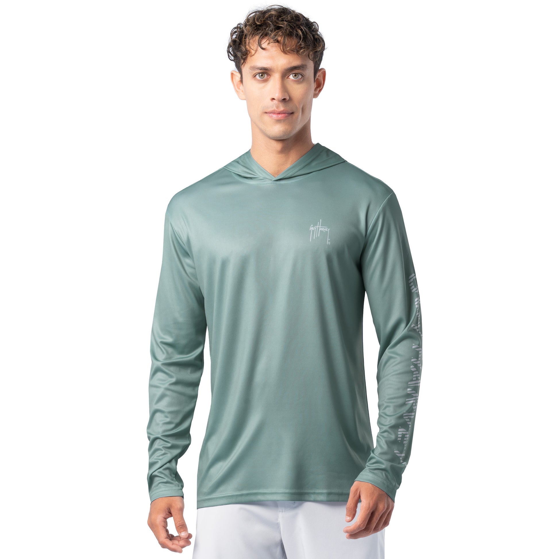 Front view of seafoam green Guy Harvey Men’s Mahi Gear Sun Protection Hoodie with white chest logo.
