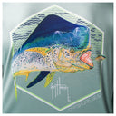 Close-up of Guy Harvey “Mahi Gear” artwork with colorful dolphinfish illustration on seafoam green fabric.