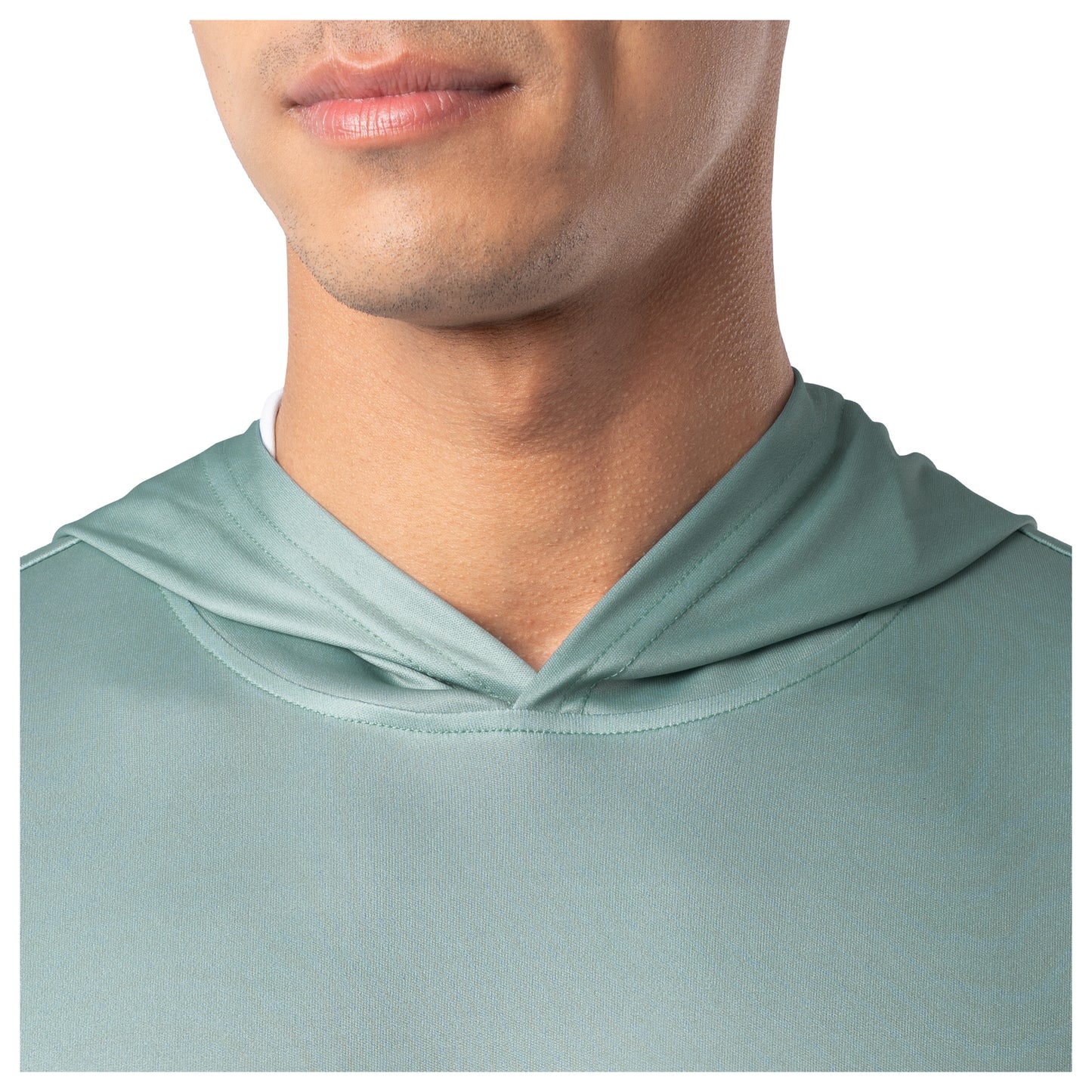 Close-up of neckline and hood stitching on seafoam green Guy Harvey Men’s Mahi Gear Hoodie.