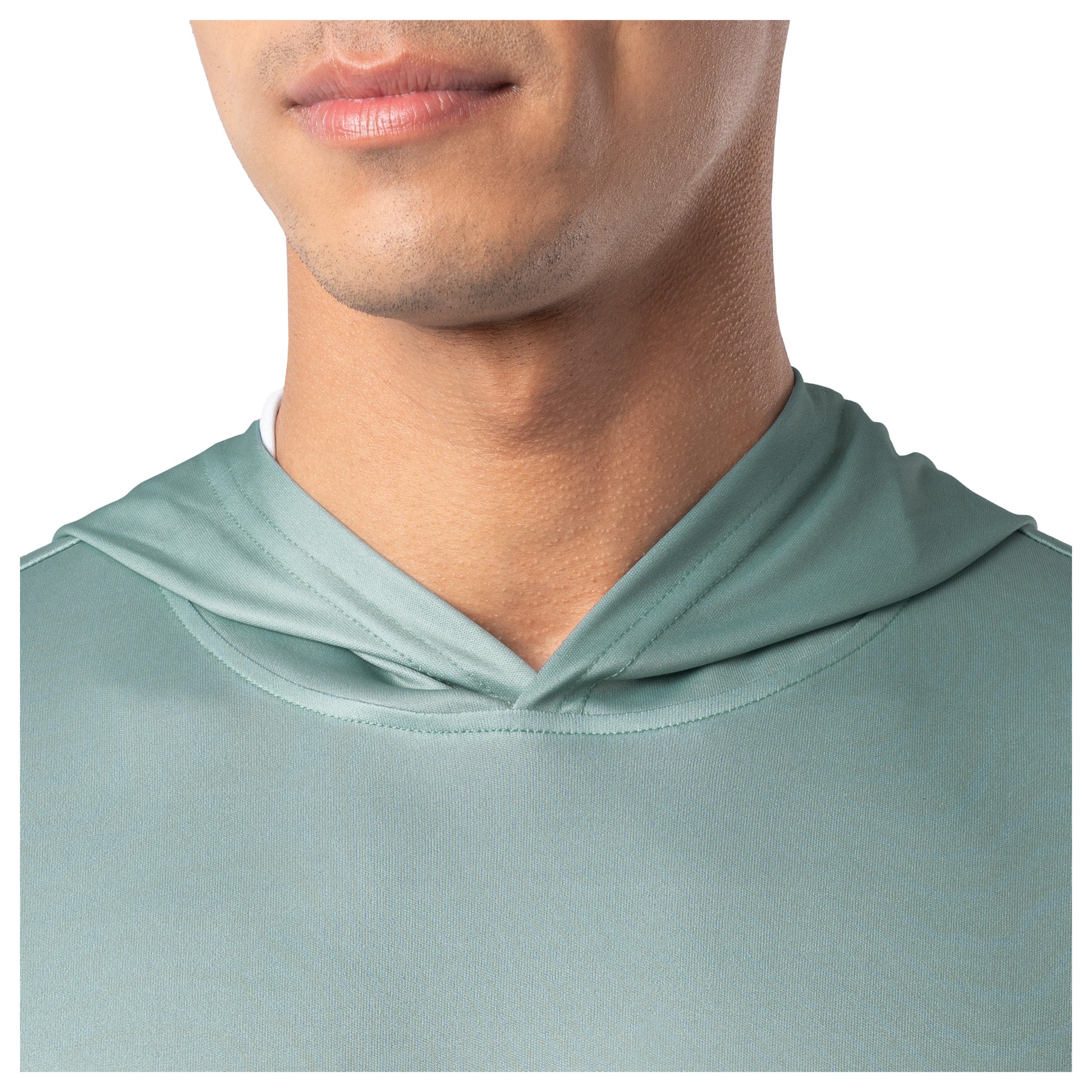 Close-up of neckline and hood stitching on seafoam green Guy Harvey Men’s Mahi Gear Hoodie.