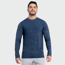 A male wearing a Guy Harvey Mens Marlin Air Sun Protection Top in a topographical print in navy blue
