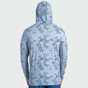 A man wearing a light blue and gray mallard camo hooded long-sleeve sun protection shirt, shown from the back against a light gray background.