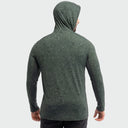 A man wearing a dark green hooded long-sleeve marlin air sun protection shirt, shown from the back against a light gray studio background.