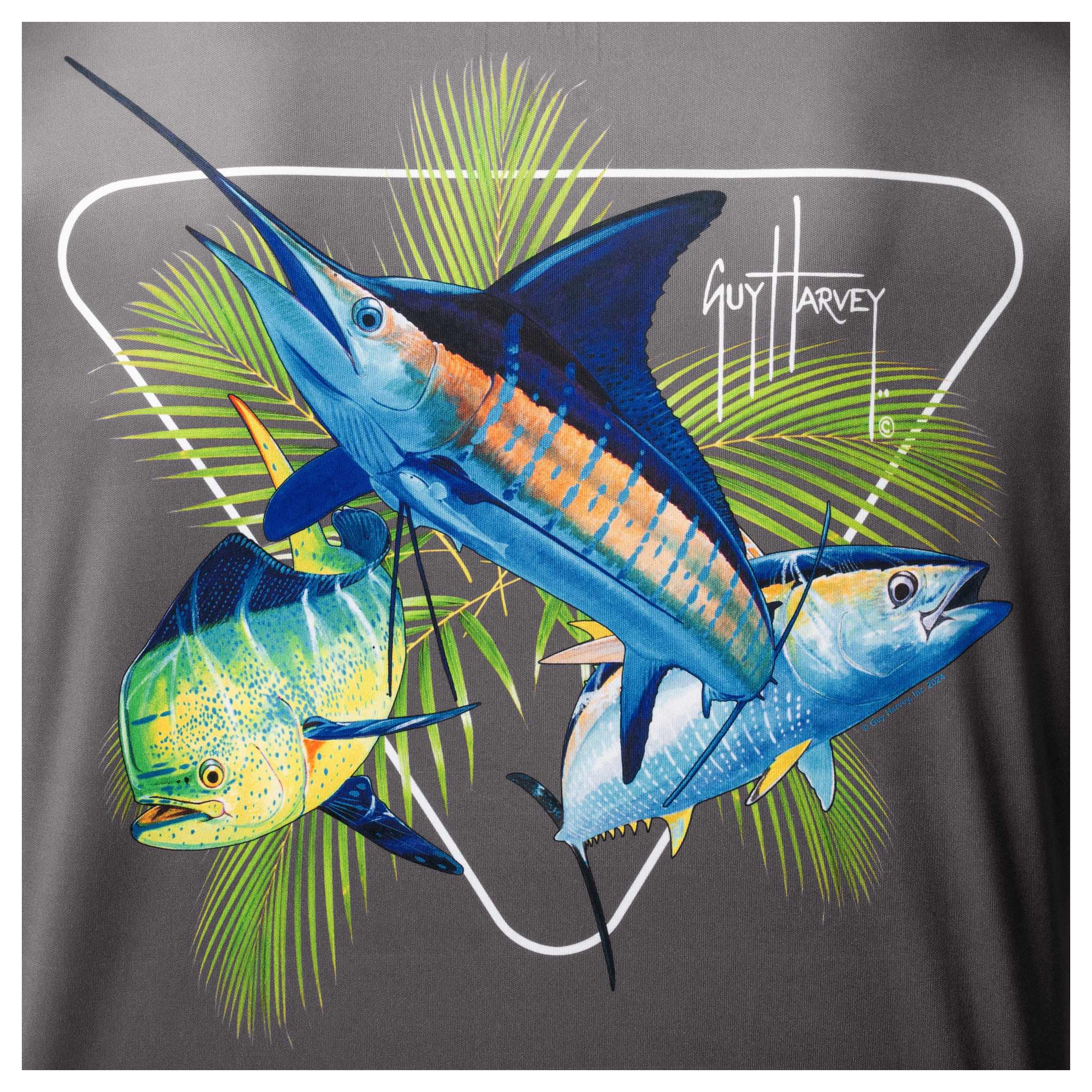 Close-up of Guy Harvey “Rack” artwork with vibrant offshore fish illustration on charcoal gray fabric.