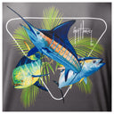 Close-up of Guy Harvey “Rack” artwork with vibrant offshore fish illustration on charcoal gray fabric.