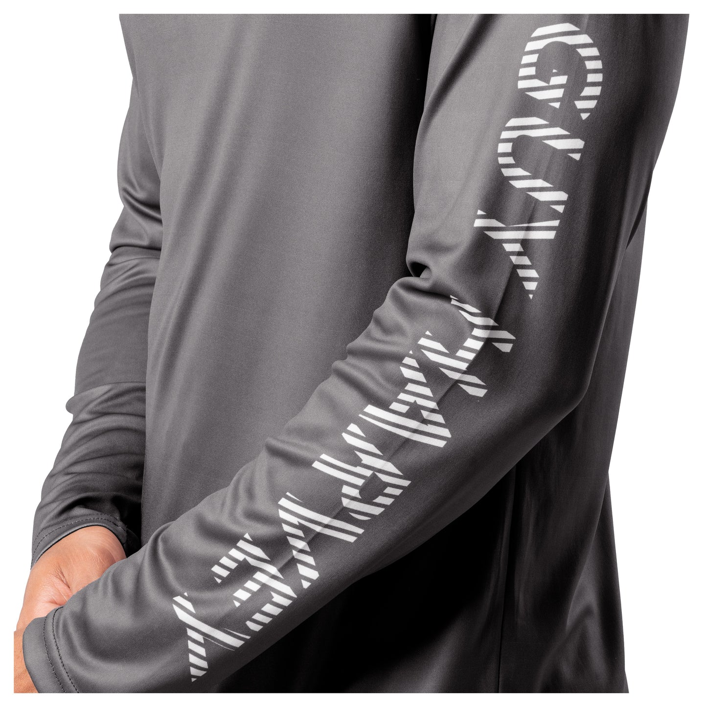 Detail of white Guy Harvey sleeve logo on charcoal gray Men’s Rack Sun Protection Hoodie.